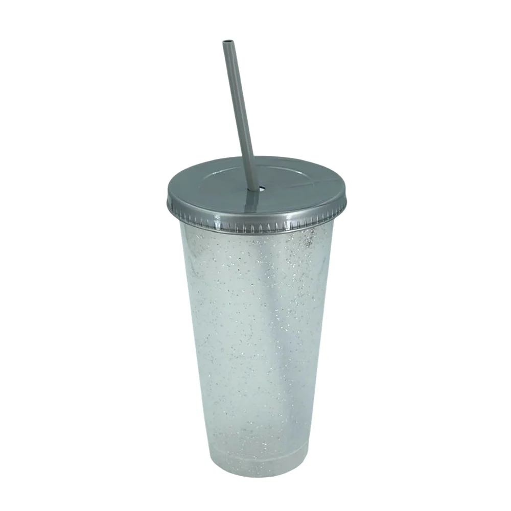 Vaso de plástico translúcido con brillantina, tapadera y popote, variedad de colores