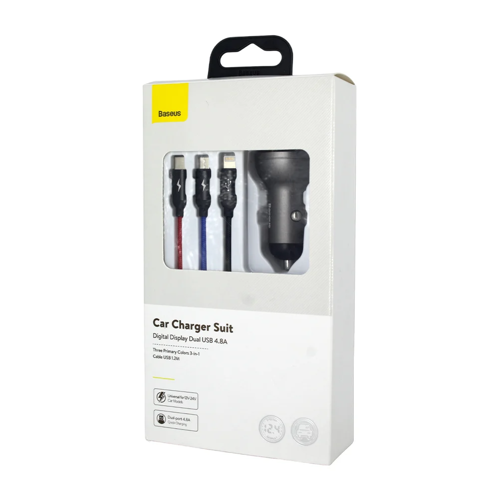 Combo cargador para coche de carga rápida baseus con 2 puertos usb, cable 3en1 y pantalla digital / vcbxa-s