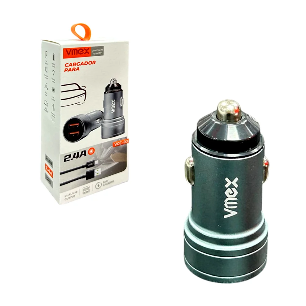 Plug cargador vmex con 2 puertos usb + cable tipo c, 2.4a / vcc-03