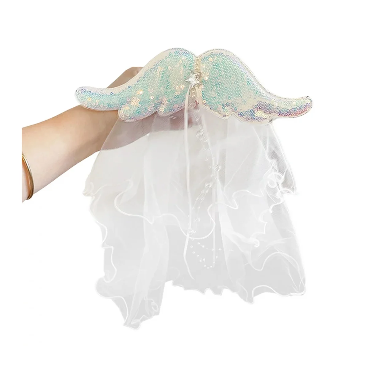 Velo de malla infantil con broche para el cabello, listón de perlas y almohadilla con lentejuelas, variedad de colores / han fen er