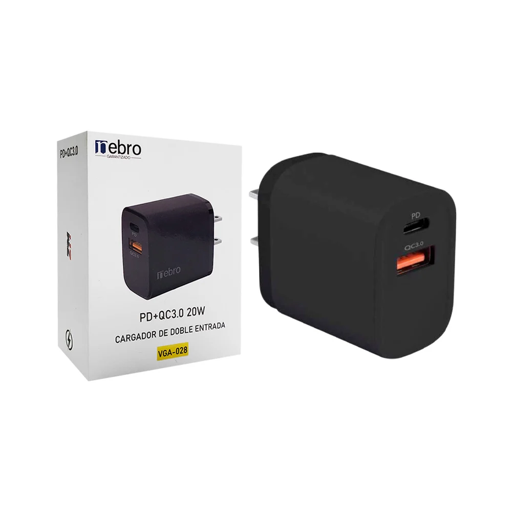 Cubo cargador nebro de doble entrada con entrada usb y puerto tipo-c, 20w, variedad de colores / vga-028