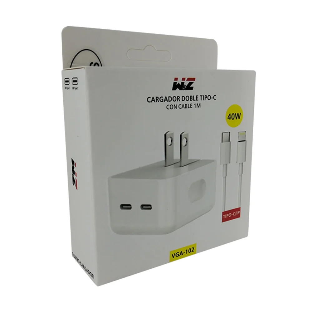 Combo cargador con entrada lightning iphone y cubo con 2 puertos usb-c de 40 watts / vga102