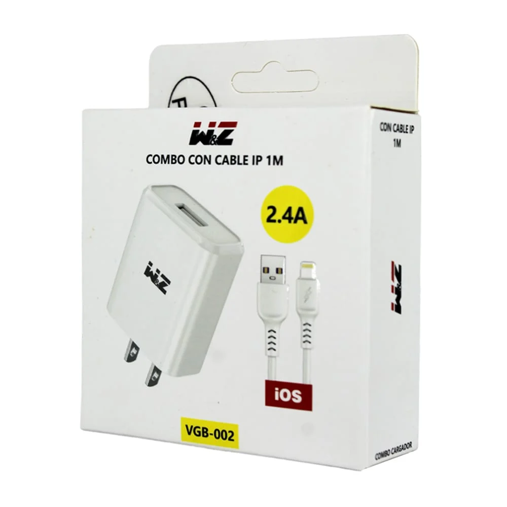 Combo cargador w&z con cable lightning iphone de 1 metro para carga de 2.4a / vgb002