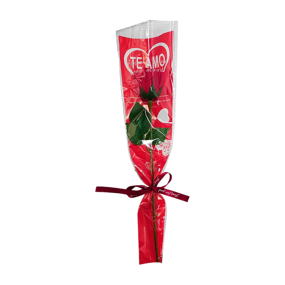 Rosa artificial, con envoltura translúcida, de diseño o lisa, con listón just for you / flowers bring good mood / vl-476