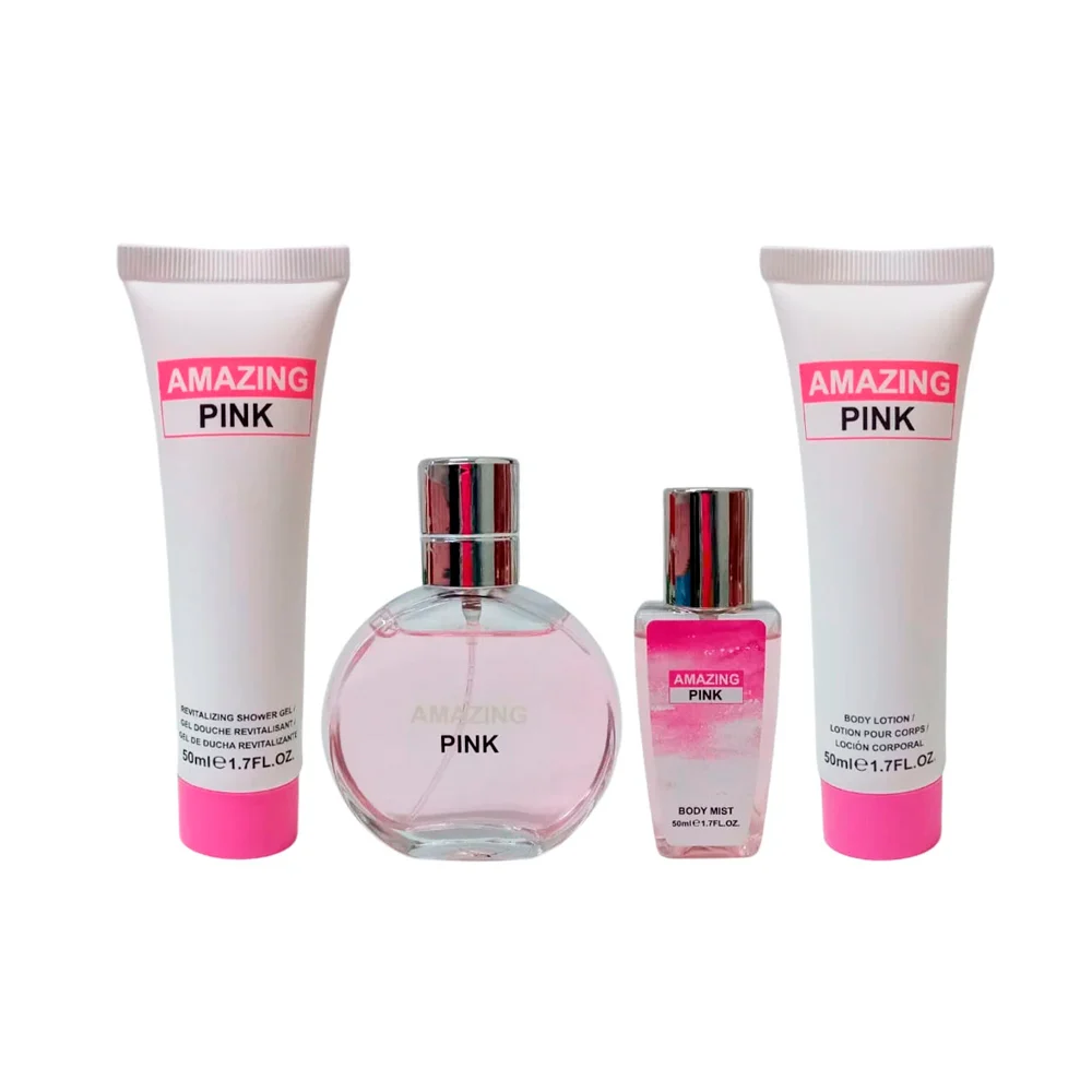Juego de fragancia para mujer amazing pink con perfume, body mist, gel de ducha y loción corporal / v. v. love