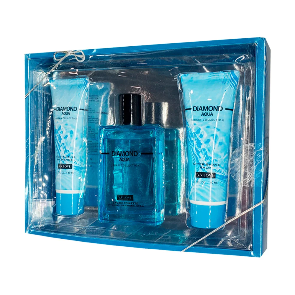 Juego de fragancia para hombre diamond aqua con perfume, gel de ducha y bálsamo para afeitado / v. v. love