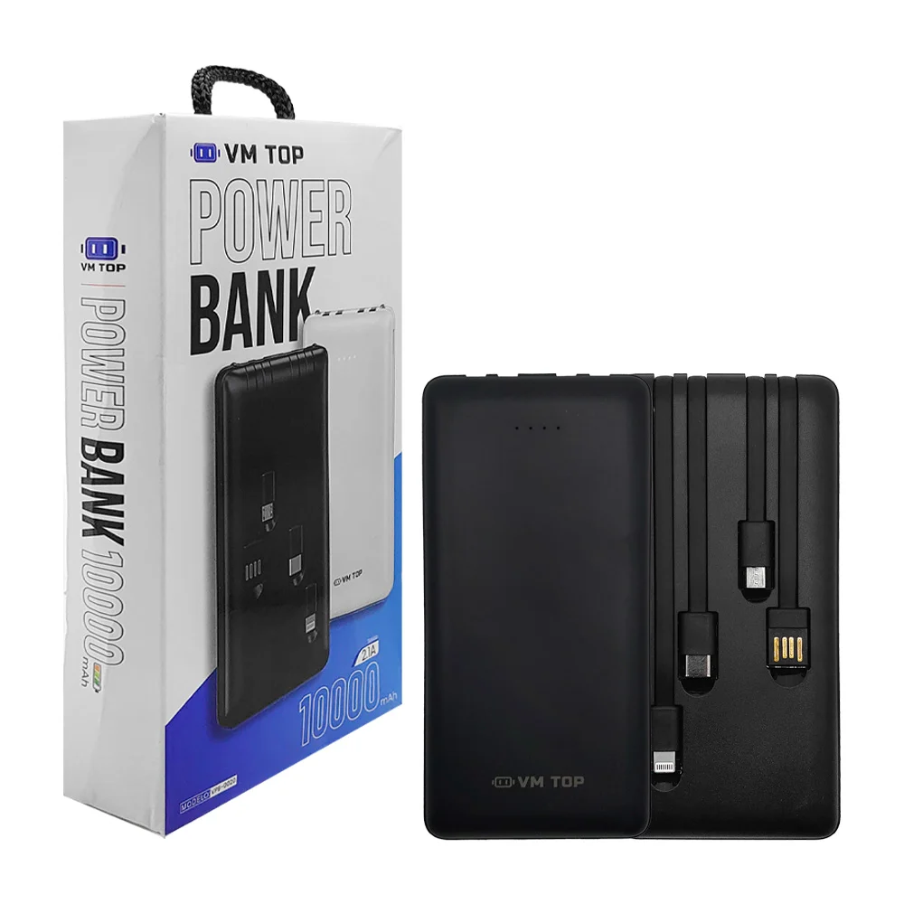 Power bank / batería portátil con cables usb, v8, tipo c y lightning + linterna, variedad de colores / vm top