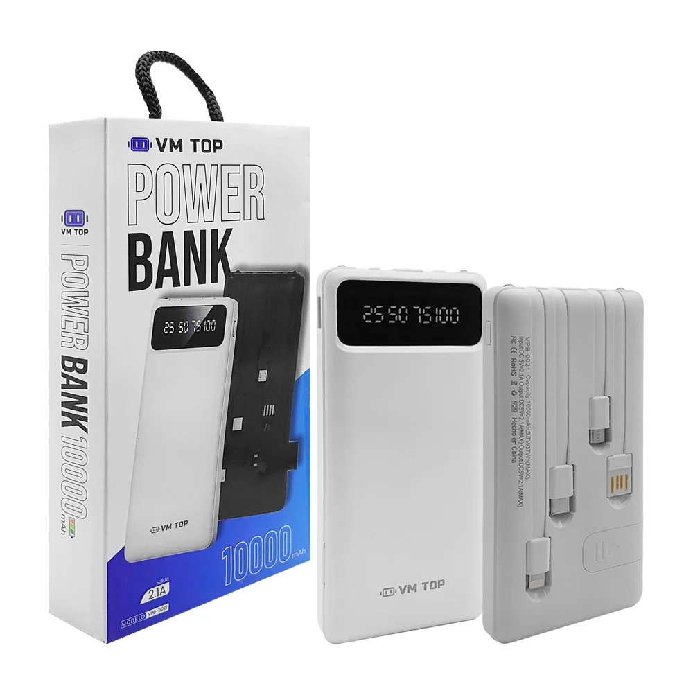 Power bank / batería portátil con cables usb, v8, tipo c y lightning, 10000mah, variedad de colores / vm top