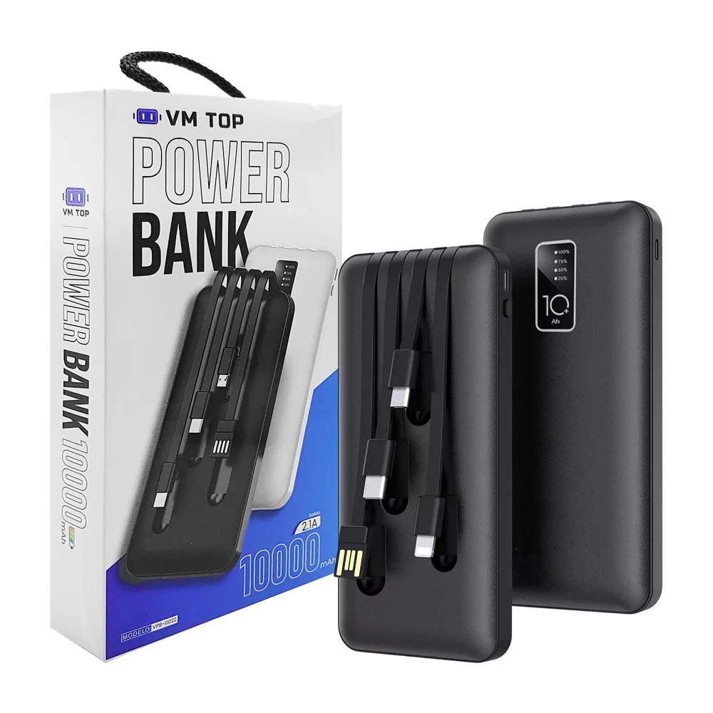 Power bank / batería portátil con cables usb, v8, tipo c y lightning + indicador de batería, 10000mah, variedad de colores / vm top