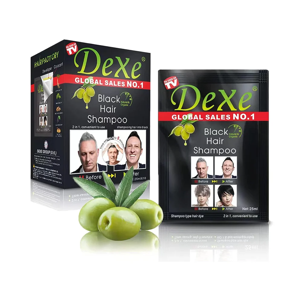 Paquete con 10 sobres de shampoo dexe con tinte orgánico en color negro, 25ml / 315525