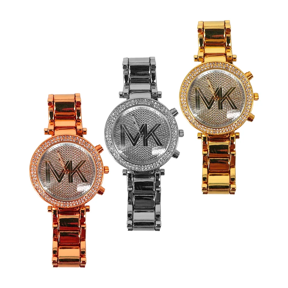 Reloj de pulsera redondo para mano, con decoración de pedrería y logo mk, variedad de colores / wa-33150