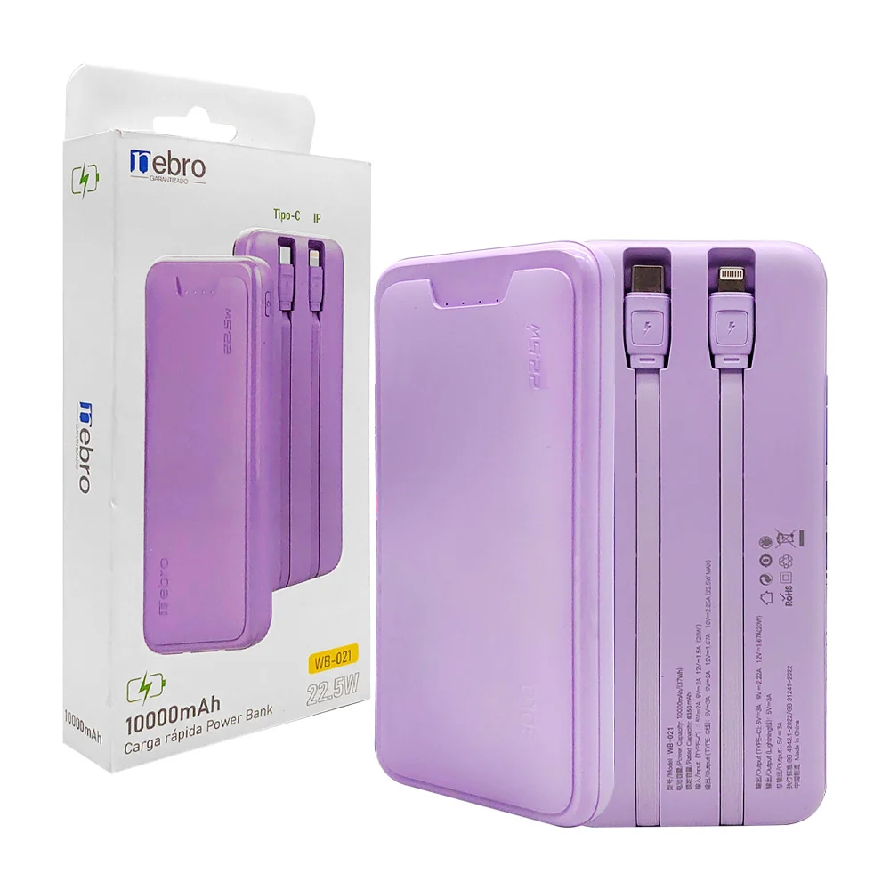 Power bank / batería portátil morada de 10000mah con cables tipo c y lightning / 363027
