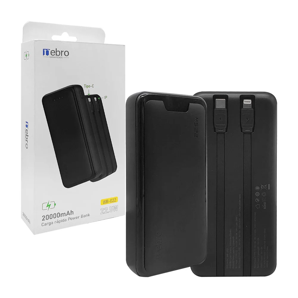 Power bank / batería portátil negra de 20000mah con cables tipo c y lightning / 363034