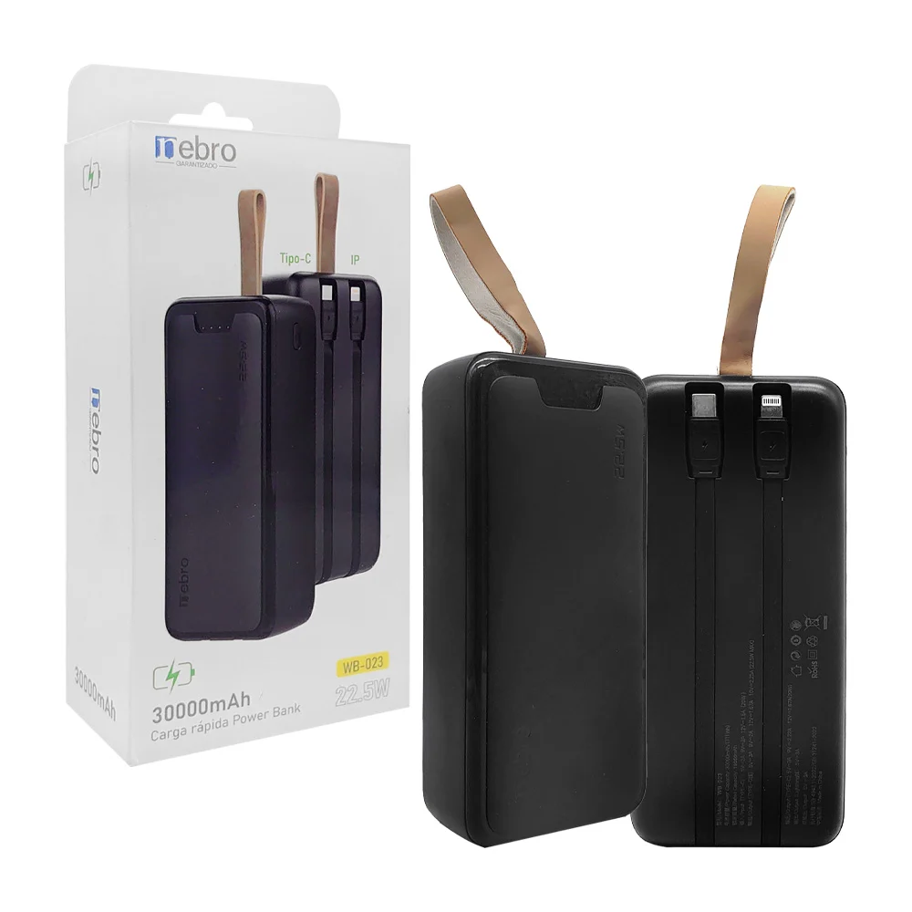 Power bank / batería portátil negra de 30000mah con cables tipo c y lightning / 363041