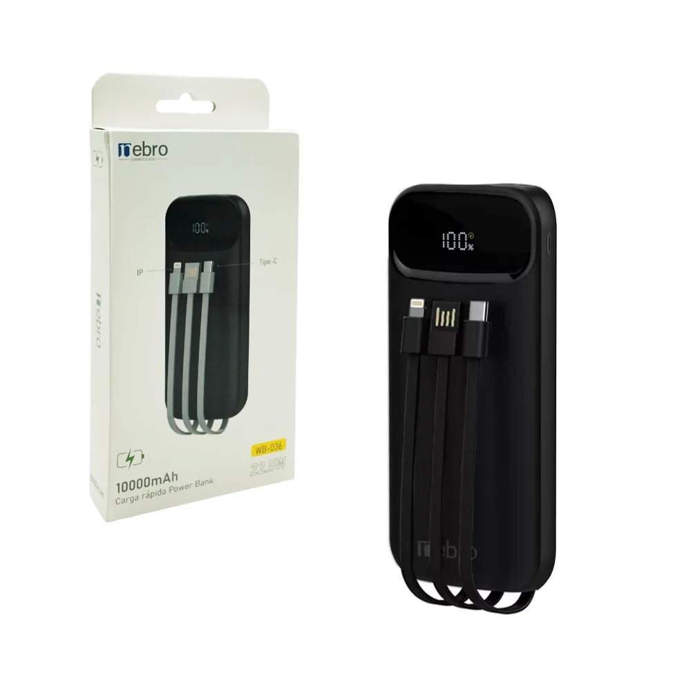 Power bank de 10000mah con y cables de carga, tipo c, usb y lightning, variedad de colores / nebro / wb-036