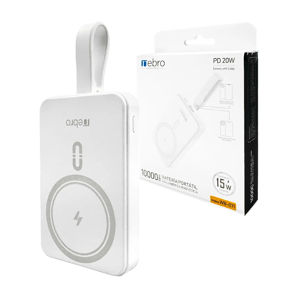 Power bank - batería portátil de 10000 mah, inalámbrica con puerto lightning, 2 puertos usb-c y cable de tipo lightning a tipo-c / batería magnética nebro / wb-071