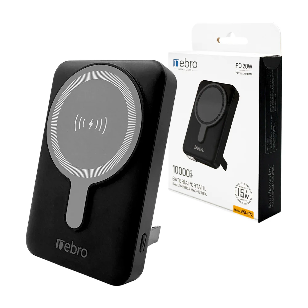 Power bank - batería portátil de 10000 mah con pantalla, inalámbrica - magnética con puerto usb, v8 y usb-c con soporte, en color negro / batería portátil nebro / wb-072
