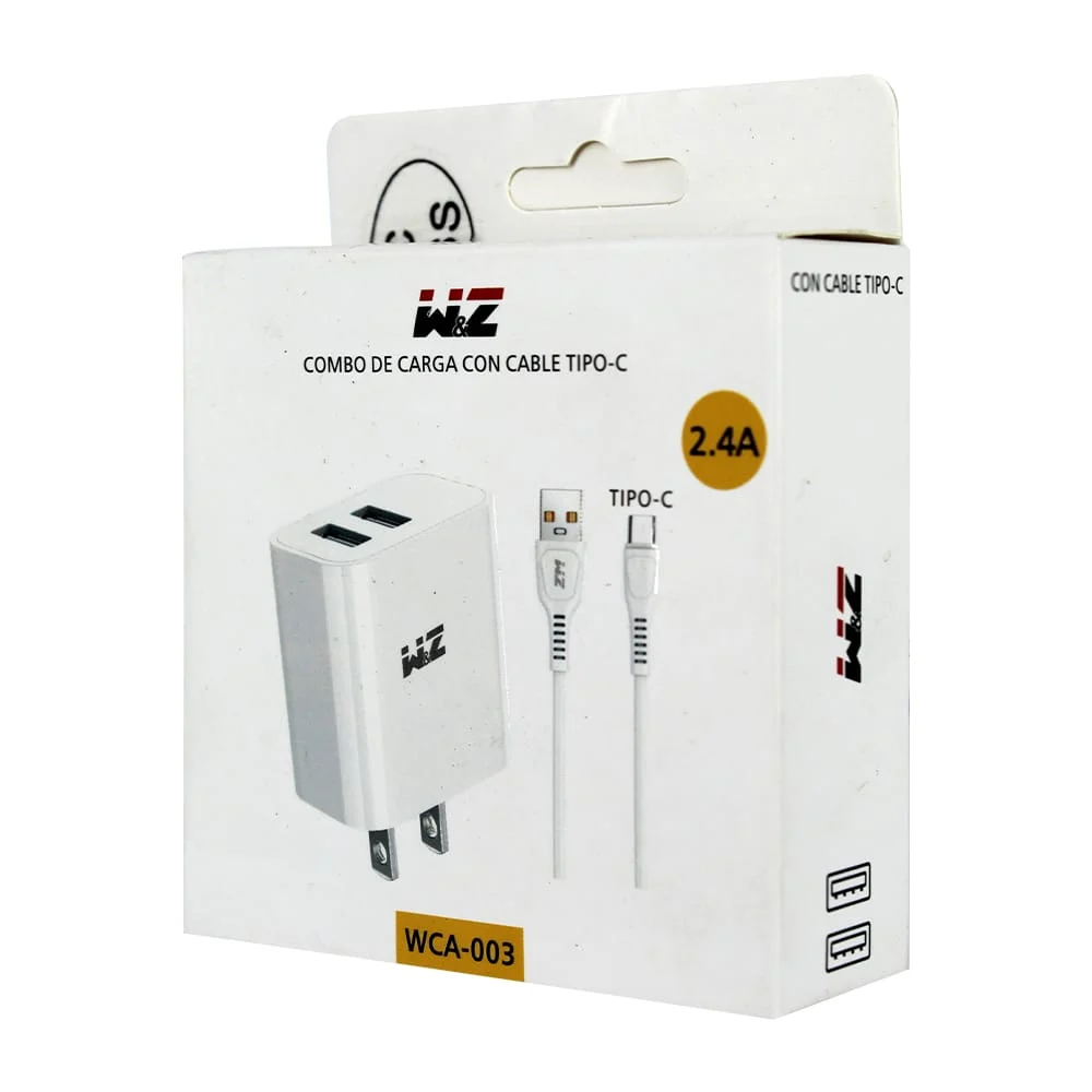 Combo cargador w&z con cable tipo c de 1 metro para carga de 2.4a + cubo con 2 puertos usb / wca003