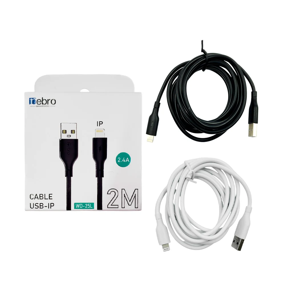 Cable nebro con entrada lightning iphone a usb de 2 metros para carga de 2.4a, variedad de colores / wd-25l