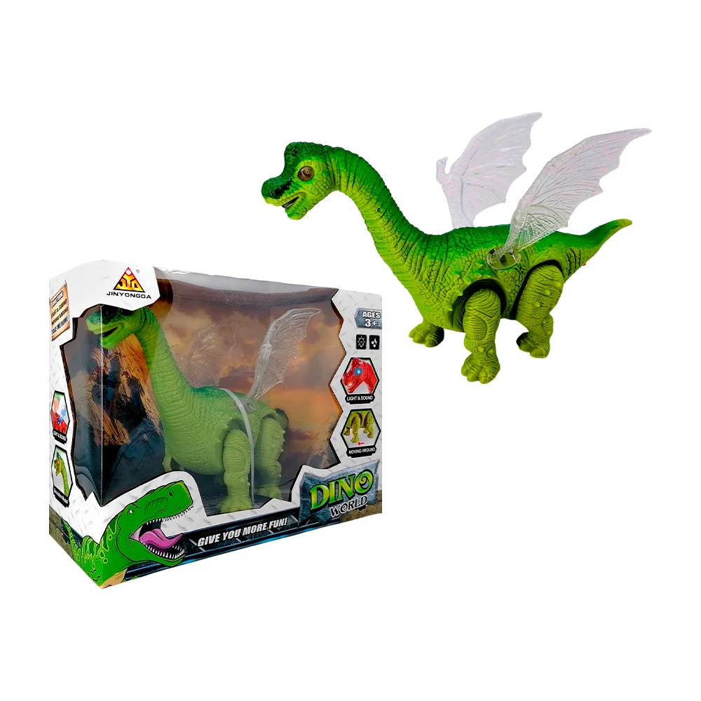 Dinosaurio de cuello largo con alas transparentes, luz y sonido, variedad de colores / dino world / 1391