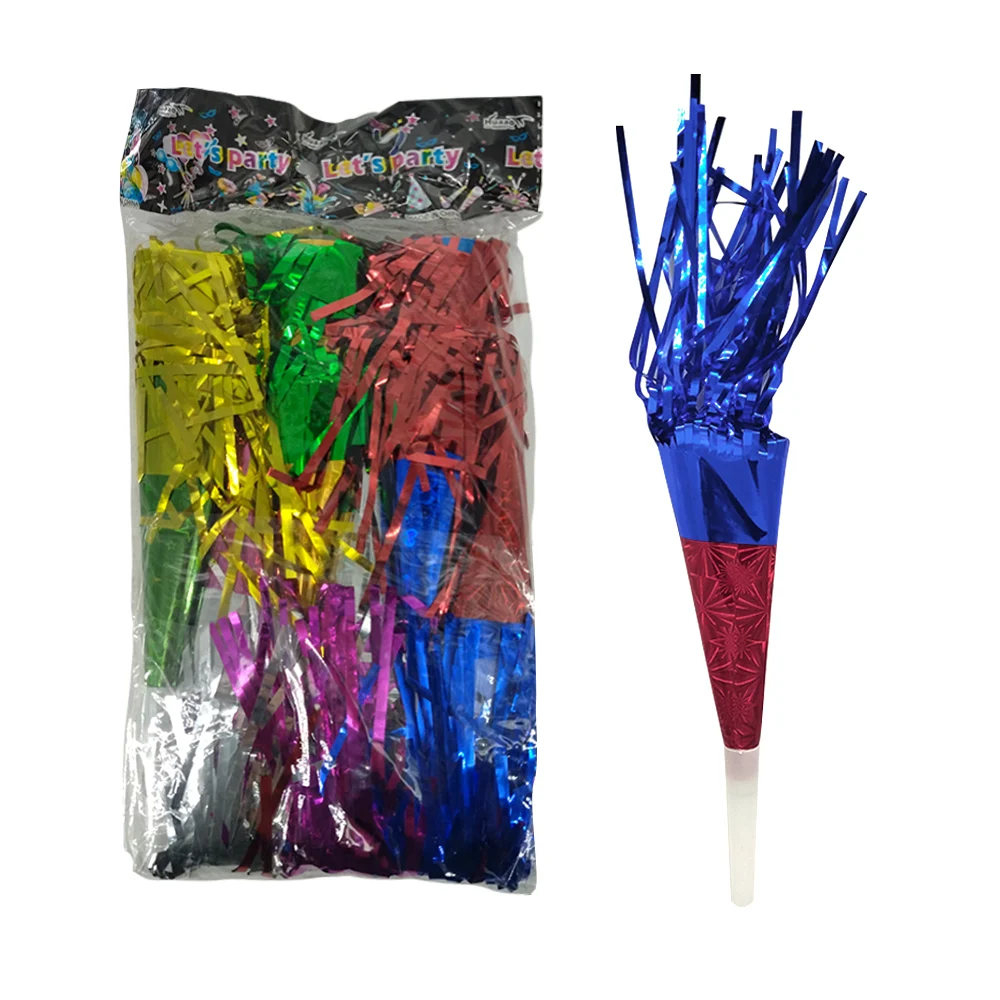Paquete con 12 trompetas de plástico para fiestas con efecto metálico, variedad de colores