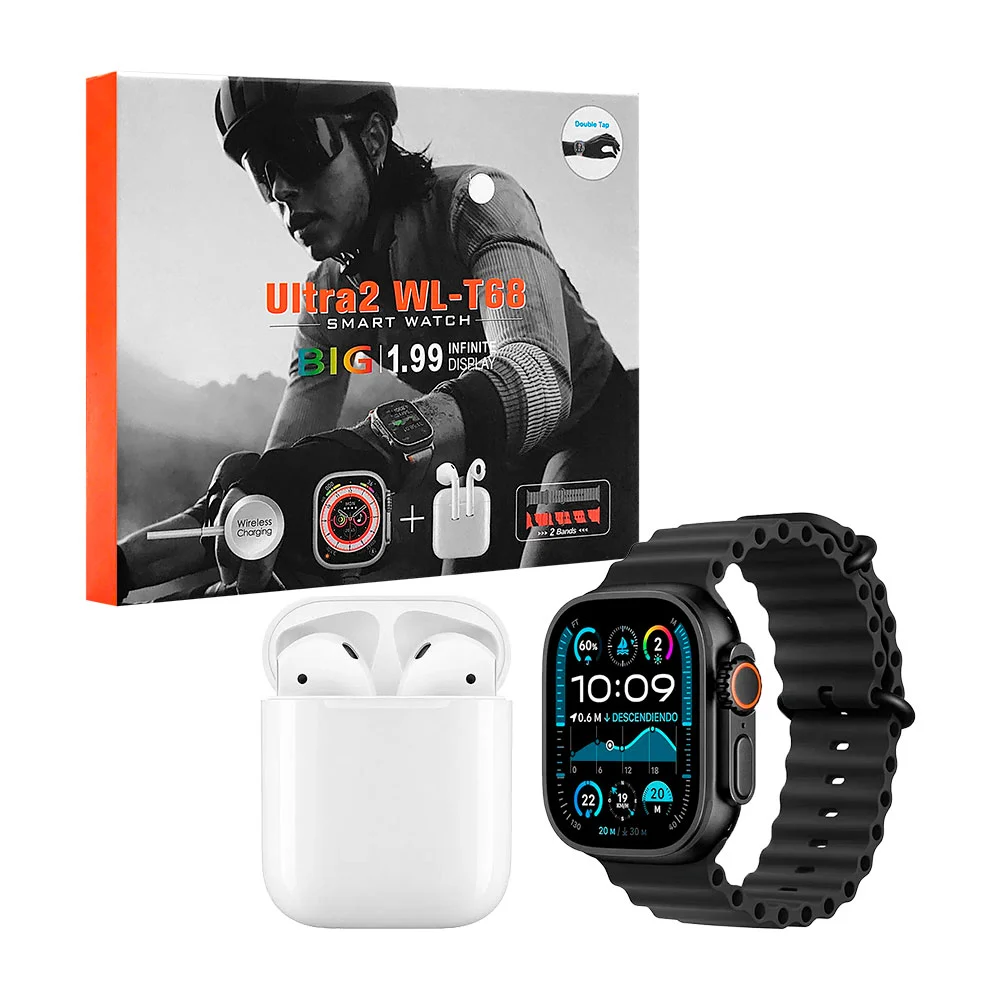 Reloj smartwatch ultra2 cuadrado con 2 correas de plástico intercambiables, audífonos blancos tipo earpods y carga inalámbrica, variedad de colores / wl-t68 / ultra2 / big 1.99