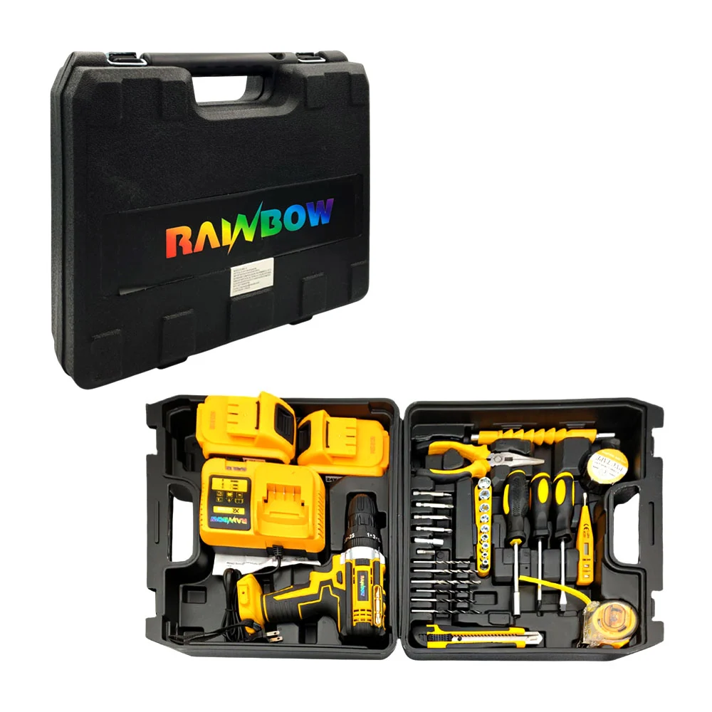 Estuche maletín con taladro inalámbrico, 2 baterías de 36v, cargador, juego de brocas, puntas, dados, pinzas, cutter, desarmadores, flexómetro, multímetro y cinta aislante / wql-4 / rainbow
