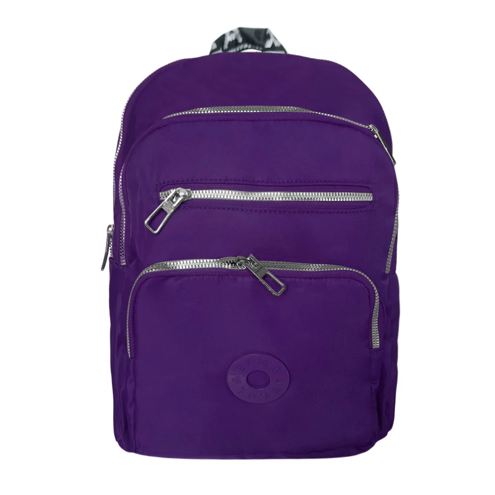 Mochila pequeña lisa con 5 compartimentos, tirantes satinados y placa circular