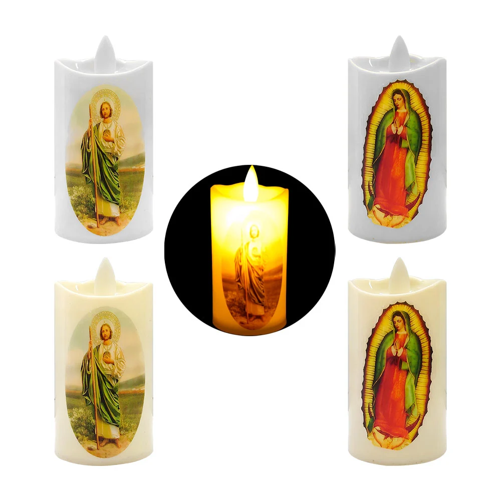 Lámpara decorativa en forma de vela, con luz cálida y diseño de imágen religiosa, 8cm, variedad de modelos / f3172