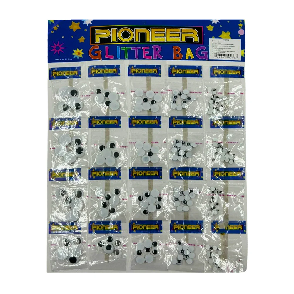 Planilla con 20 sobrecitos con ojitos móviles de diversos tamaños / glitter bag / pioneer / x-654