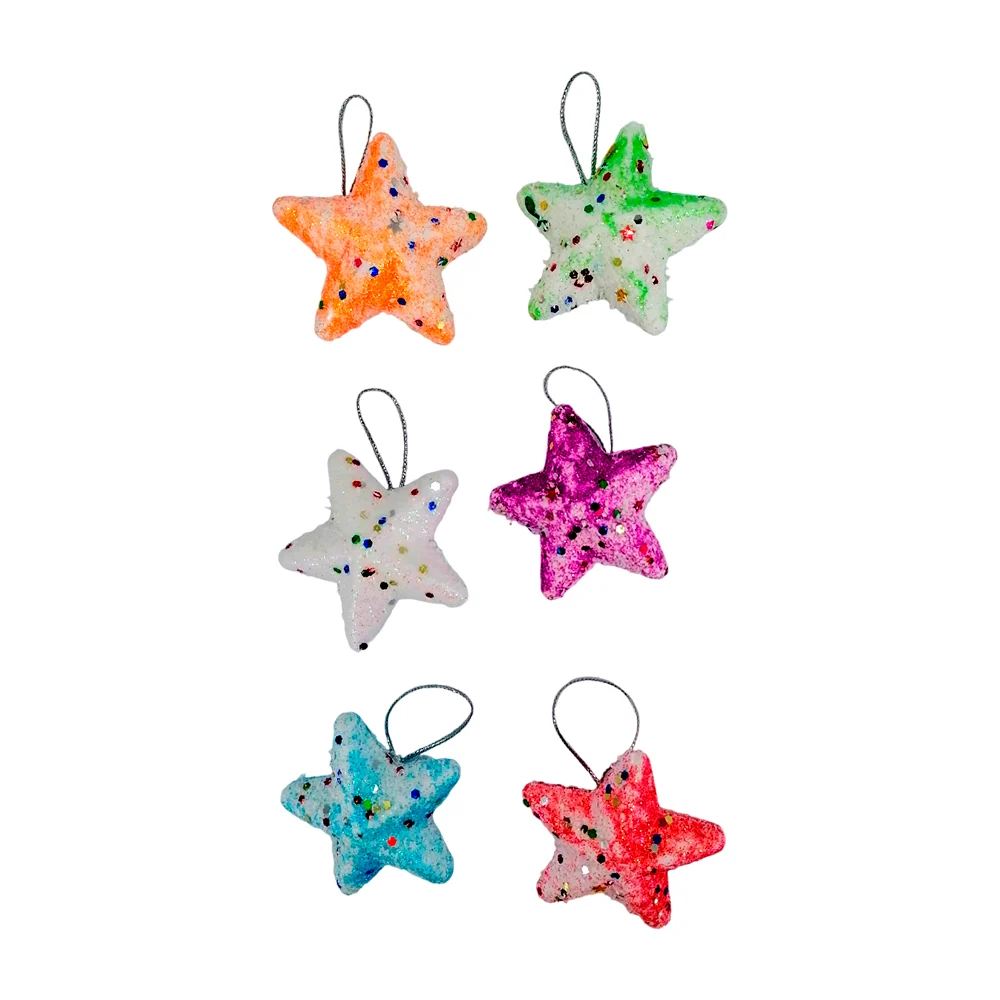 Paquete con 6 adornos colgantes en forma de estrella con efecto nevado y diamantina 5.5cm, variedad de colores / x-803