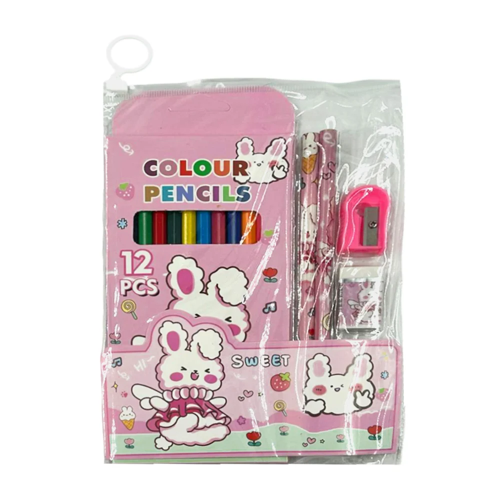 Set de papeleria infantil con 2 lápices, borrador, sacapuntas y caja de 12 colores hexagonales / colour pencils / xwx-12pc