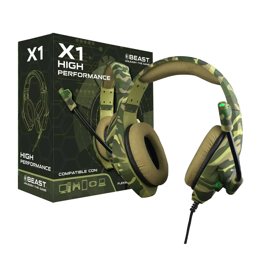 Audífonos diadema gamer con diseño de camuflaje, luz led y micrófono flexible / 007498