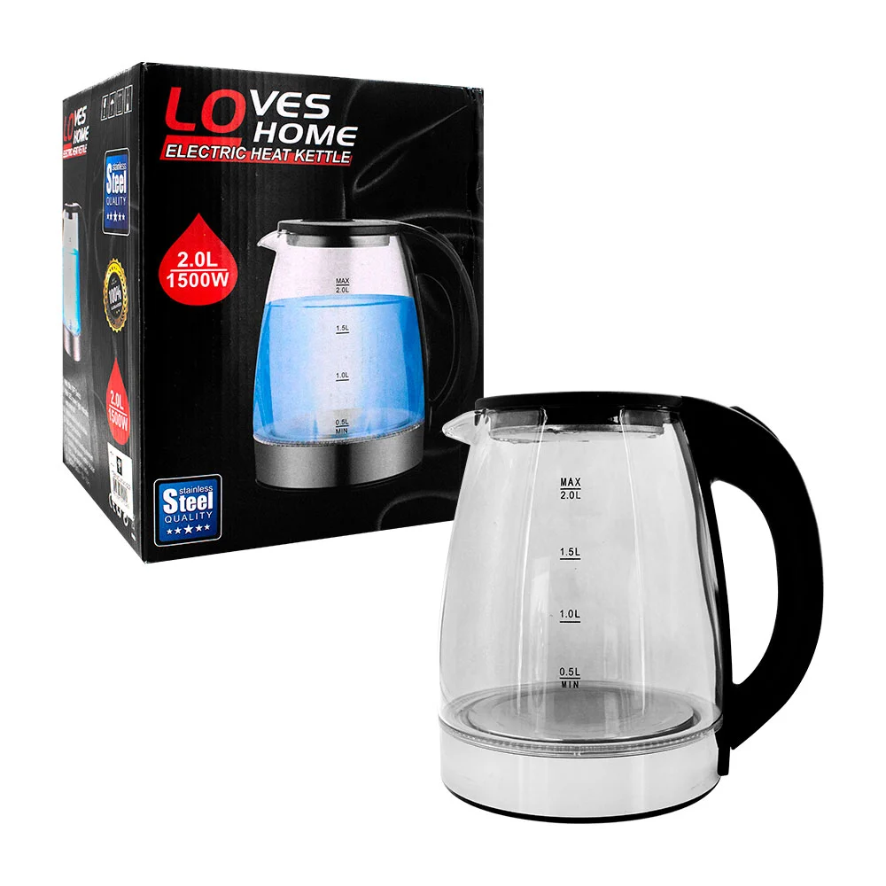 Hervidor eléctrico tipo jarra de vidrio con base calentadora de acero inoxidable, capacidad de 2L, led indicador y apagado automático, 1500w / x141-002 / loves home electric heat kettle