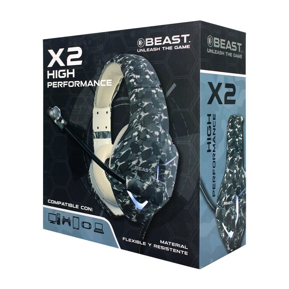 Audífonos diadema gamer con diseño de camuflaje, luz led y micrófono flexible / 007504