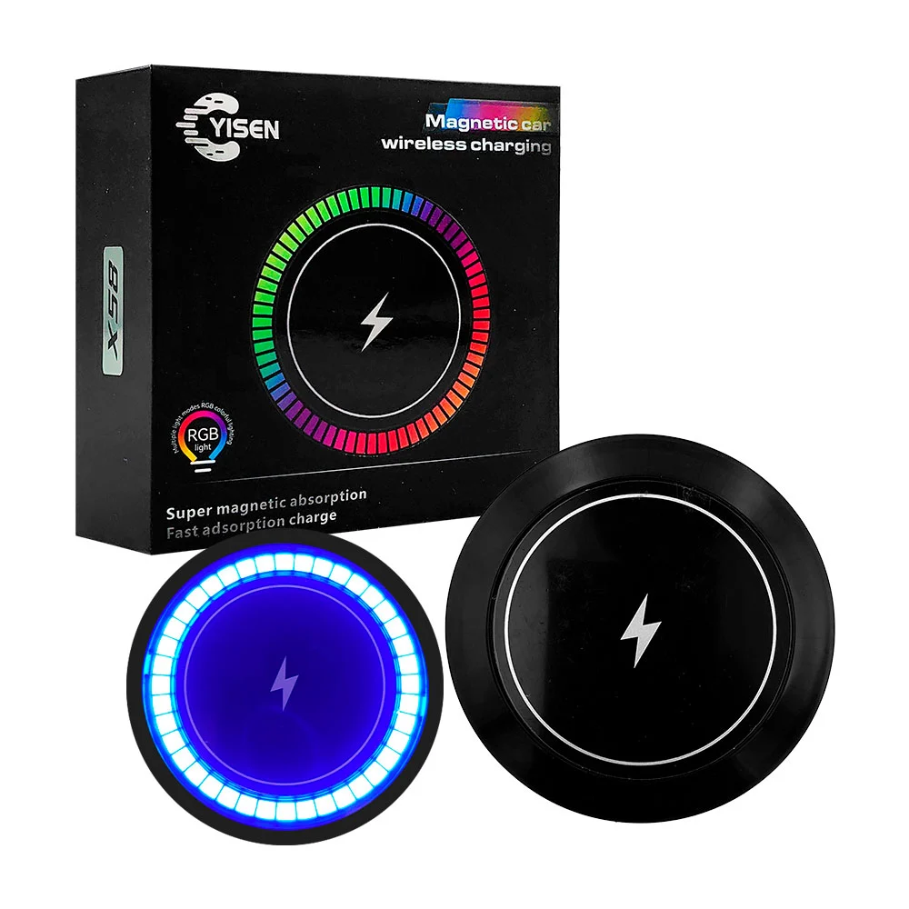 Cargador magnético yisen con luces rgb para telefono, 15w + gancho para el auto / x58