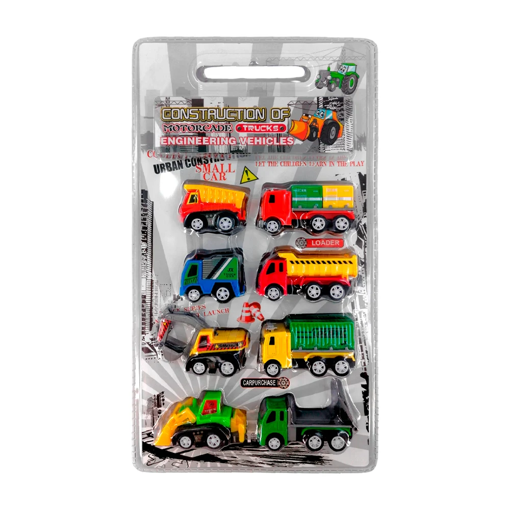 Blíster con 8 carros vehículos de construcción, variedad de modelos / construction of motorcade