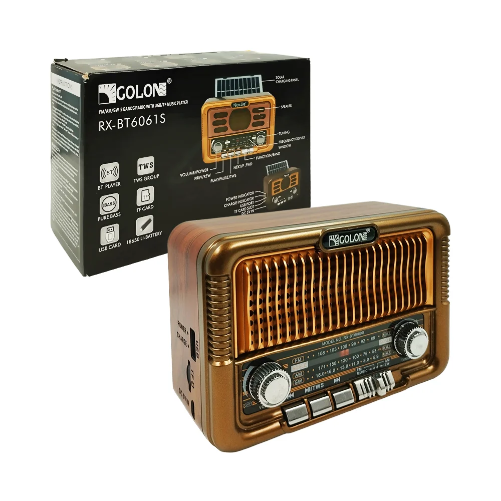 Bocina radio fm/am/sw con panel solar, antena + entrada para usb y tf, variedad de colores / rx-6060s
