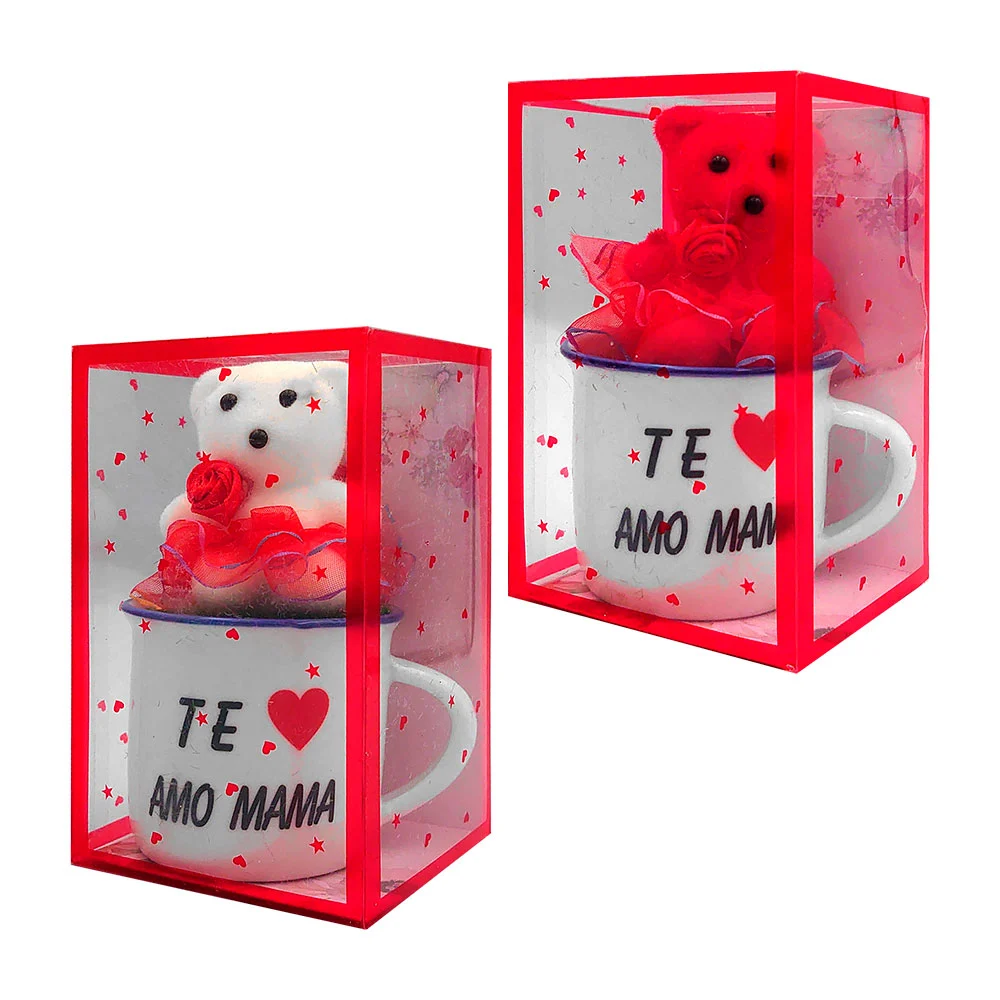 Caja rectangular transparente con mini taza de cerámica y mini oso de peluche con temática del día de las madres / xq-265