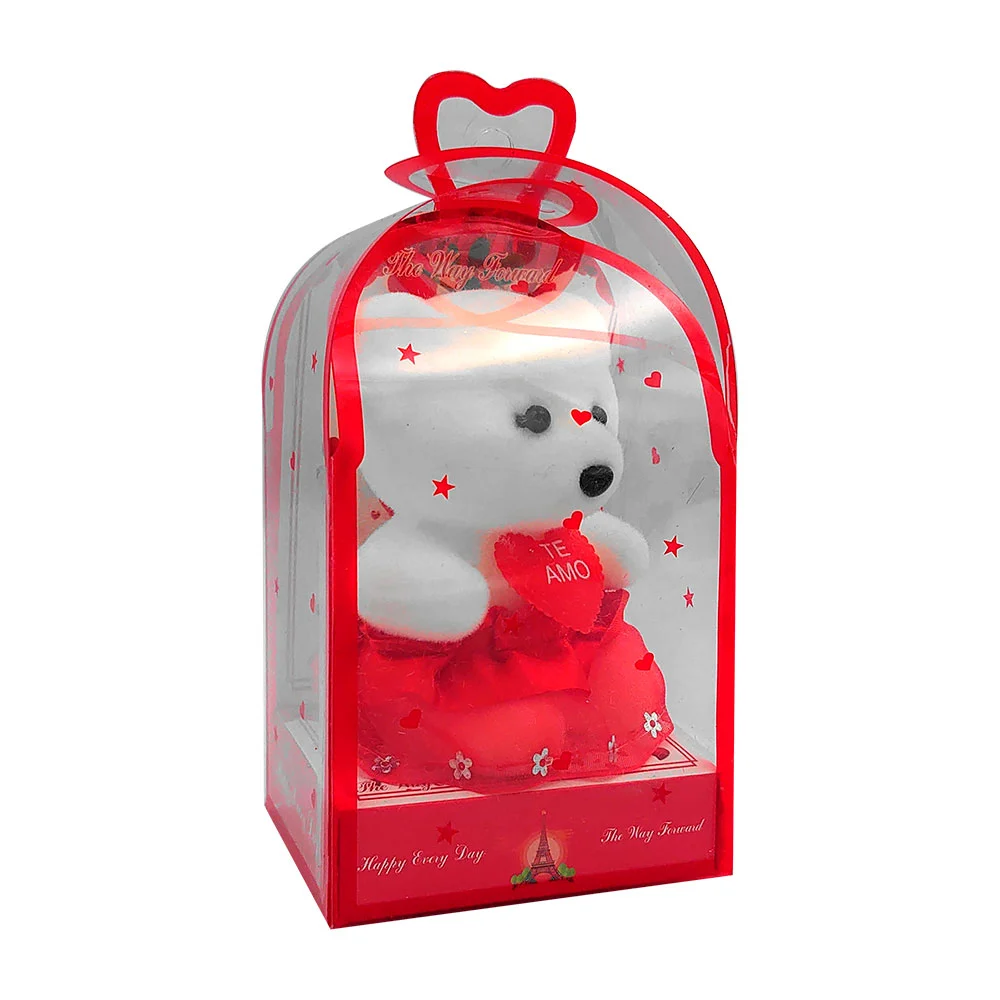Caja transparente con mini oso de peluche con corazón de frase te amo, variedad de colores / happy every day / xq-266