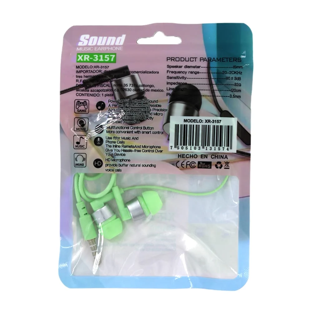 Audífonos alámbricos multifuncional manos libres con entrada auxiliar 3.5mm, variedad de colores / xr-3157
