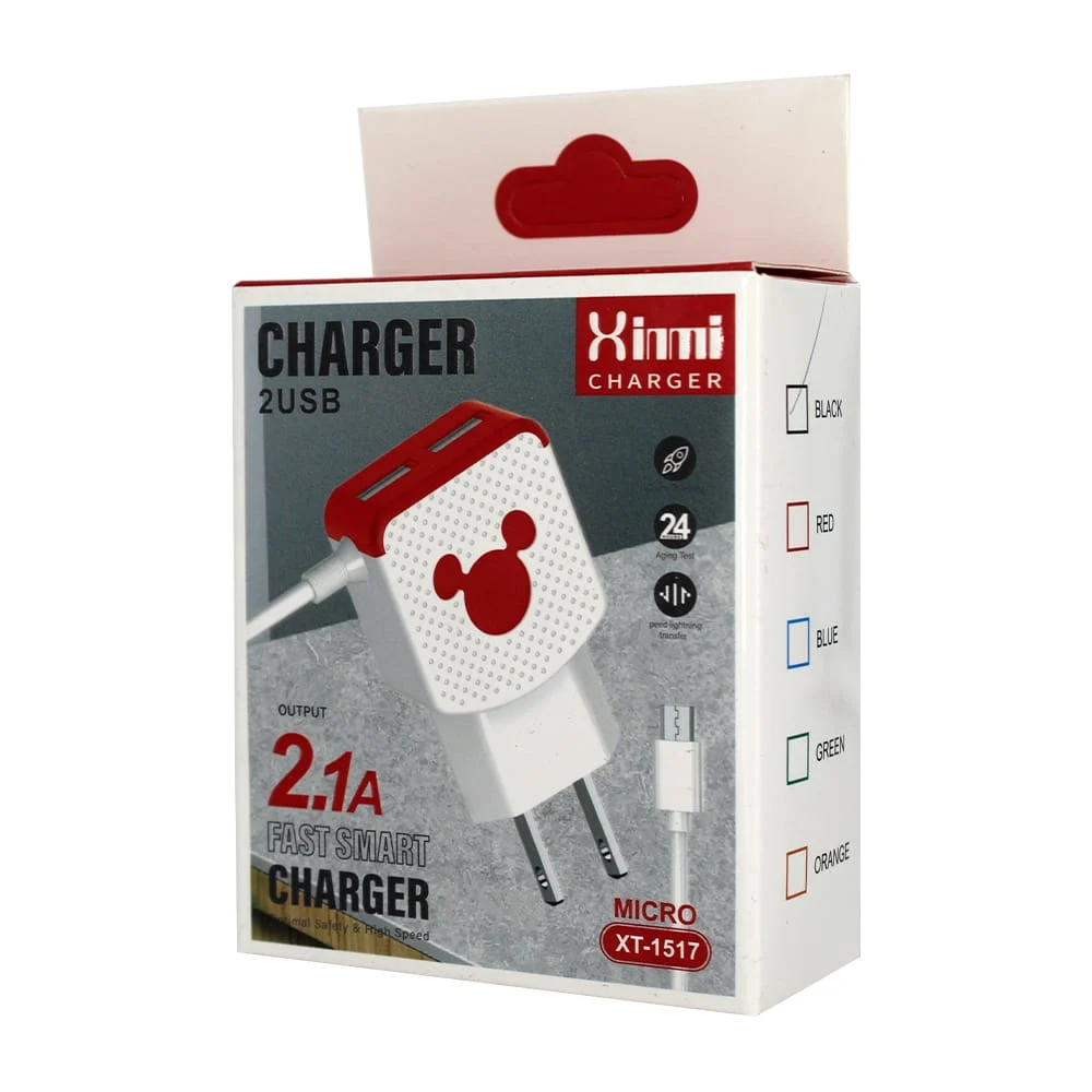 Combo cargador xinmi entrada v8 con 2 puertos usb para carga 2.1a, variedad de colores / xt-1517