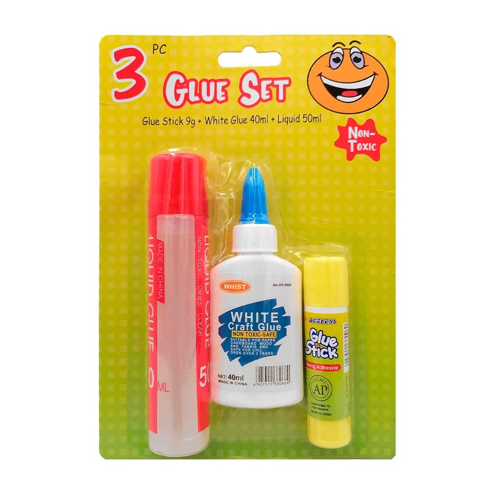 Blíster con resistol liquido transparente de 50ml, resistol blanco de 40ml y resistol en barra de 9g / glue set / j736 / xy-3089