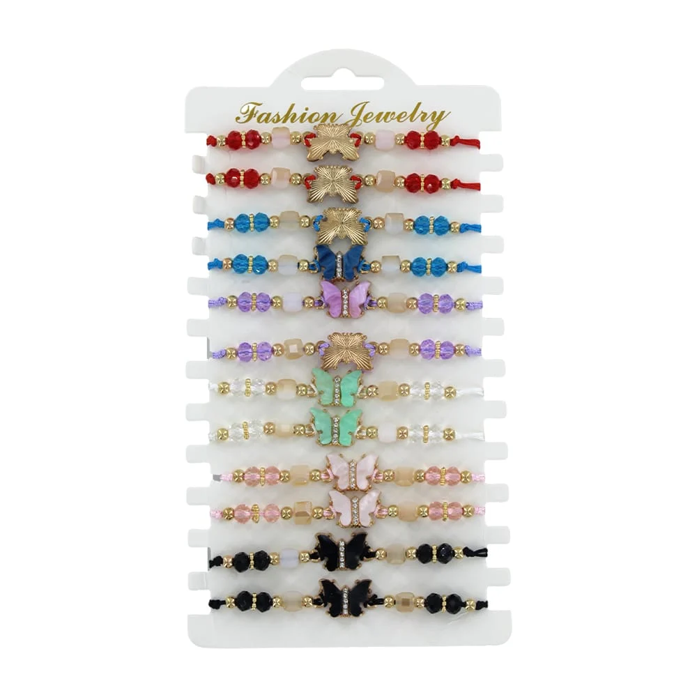 Paquete de 12 pulseras fashion jewelry con adorno de mariposa de cuarzo y piedritas, variedad de colores / y-730-19