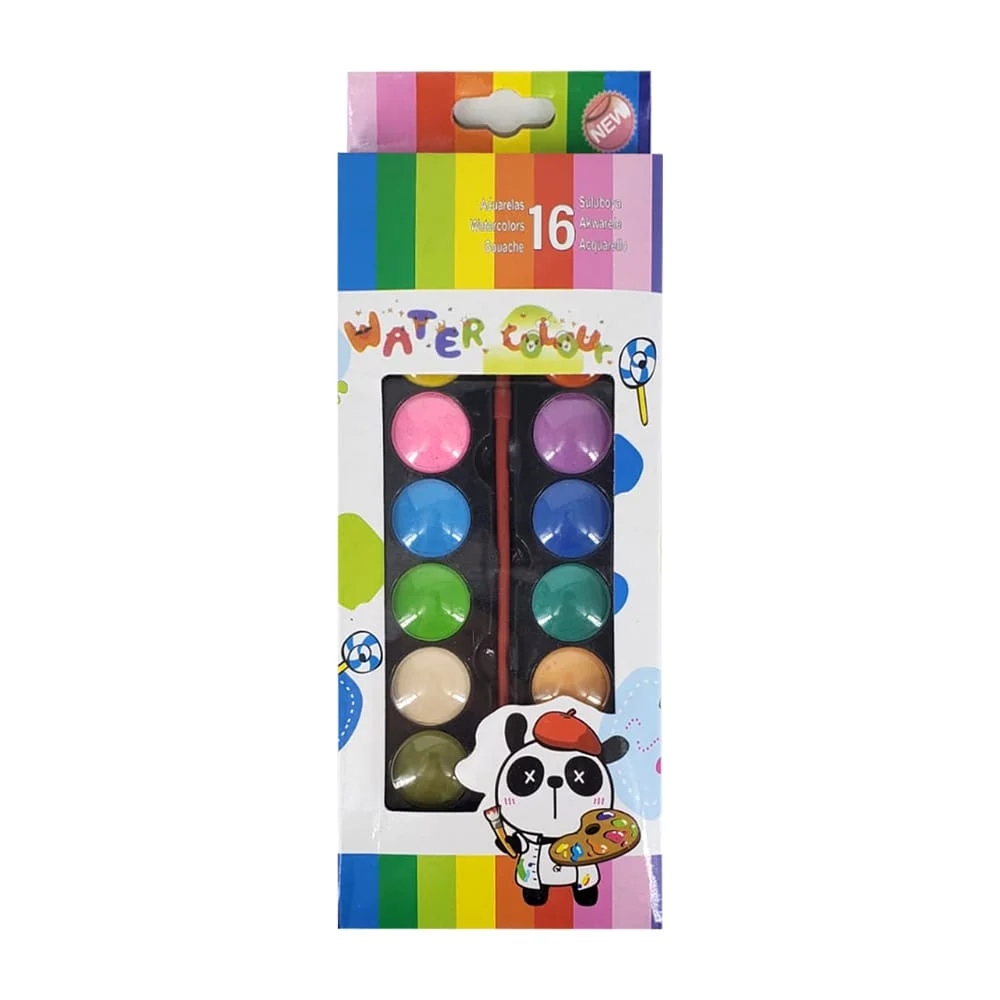 1pza Paleta con 16 pinturas de acuarela redondas con pincel, variedad de colores / wáter colour