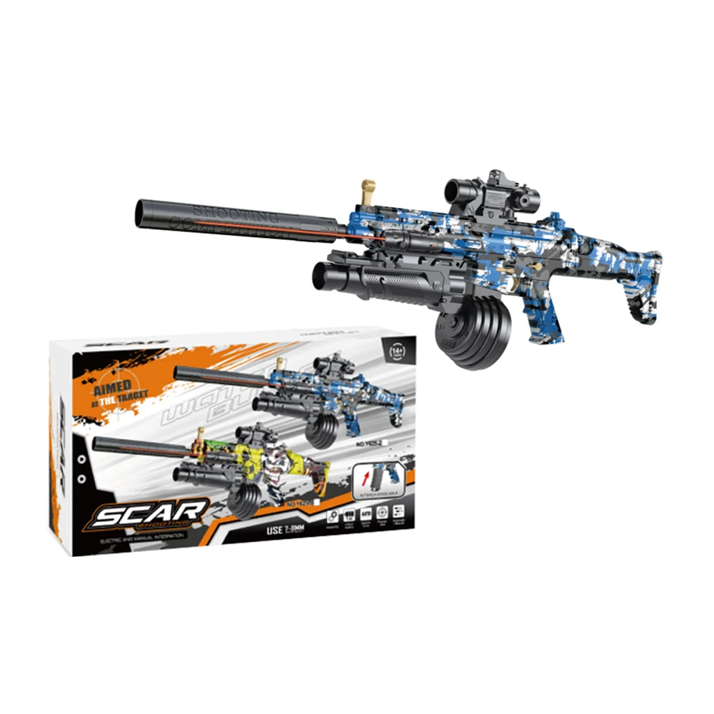 Pistola / rifle scar lanzador de bolitas de hidrogel con láser, tambor de movimiento, mira y diseño de camufalje / y625-2