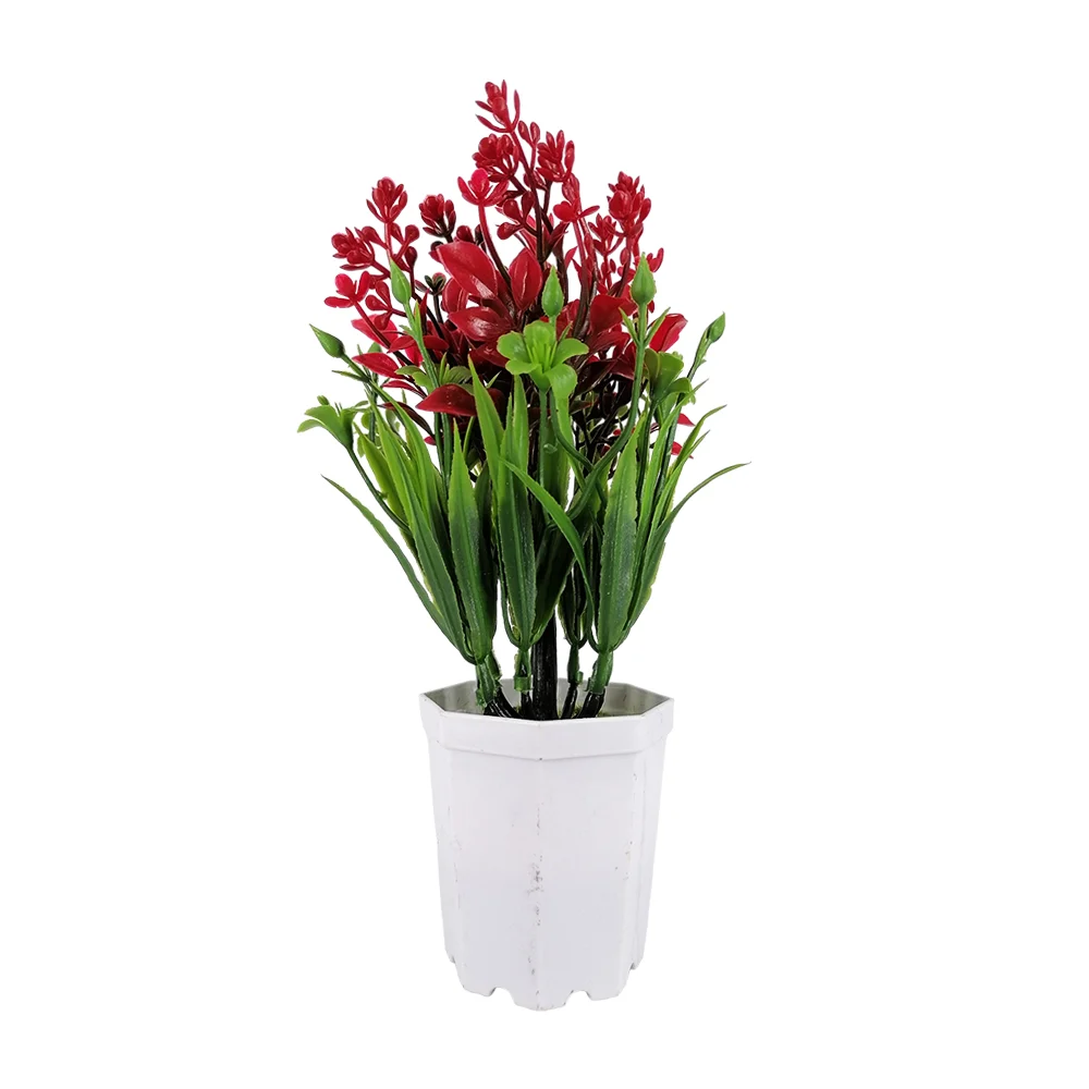 Maceta octagonal decorativa con pasto + flores rojas y verdes artificiales, 23cm / hl-hy23286