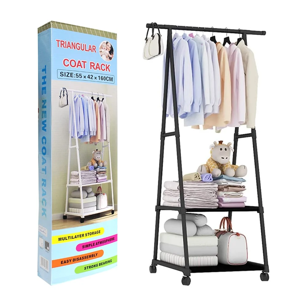 Closet organizador multifuncional con 2 niveles, rueditas y perchero triangular, 55x42x160cm, variedad de colores / triangular coat rack / yh6601