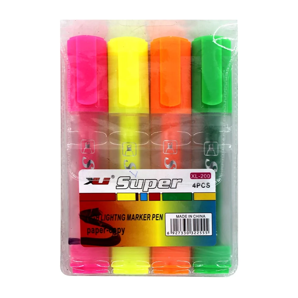 Paquete 4 marcatextos de colores fluorescentes / super / xl-200 / yong-2425