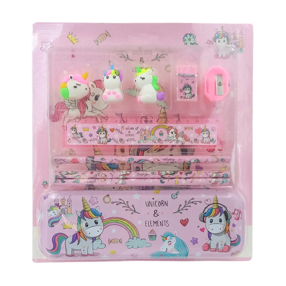 Kit papelería con lapicera, 3 lápices, regla plástica, sacapuntas, borrador y 3 accesorios con diseño, variedad de diseños y colores / yoyo-2002 / 2002tk